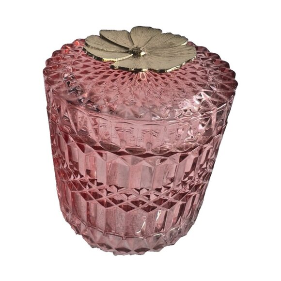 Vanity Jar Pink Cut Glass Gold Flower 3.75"D x 4"H Bathroom Accessory Storage - Picture 1 of 6